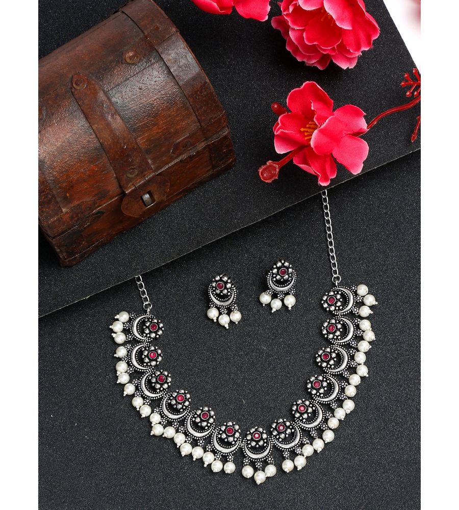 YouBella Jewellery Oxidised Silver Necklace Jewellery Set with Earrings for Girls and Women (Silver) (YBNK_50526)